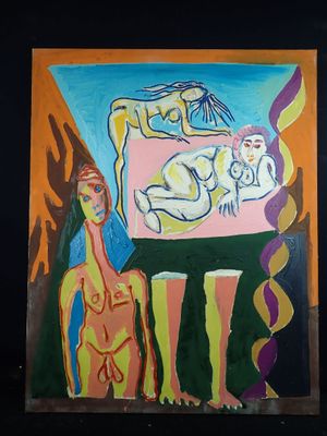 a painting of a woman and a man on a table