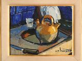 an oil painting of a teapot and a cup on a table