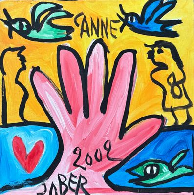 une peinture représentant une main sur laquelle figurent un cœur et un oiseau