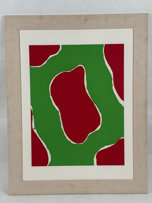 an image of a green and red abstract painting in a wooden frame
