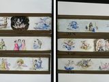 deux photos d'une pièce avec un miroir et un mur orné de tableaux