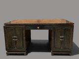 a desk with a wooden top and two drawers