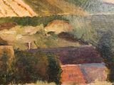 an oil painting of a farm in a field with a hill in the background