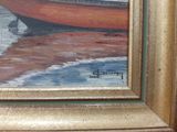 a painting of a red boat on the water