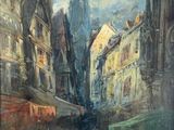 painting of a street scene with a church in the background