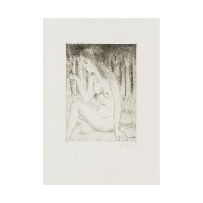 une image représentant le dessin d'une femme nue assise dans les bois
