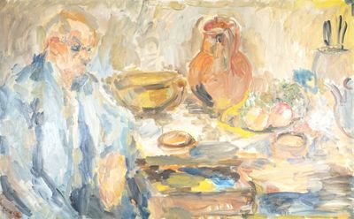 DEVEZ (XXe), "Homme attablé", huile sur toile, signée en bas…