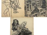 three drawings of a man and a woman sitting at a table