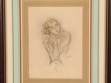 a drawing of a woman sitting in front of a mirror