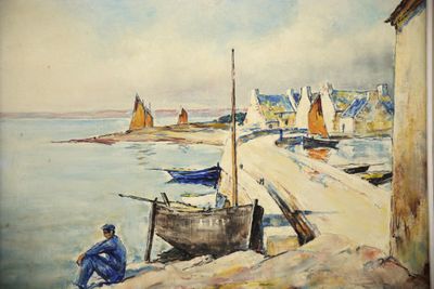 a painting of a man sitting on a dock next to a boat