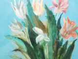 a painting of flowers in a vase on a table