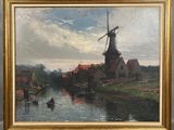 une peinture à l'huile représentant un moulin à vent au bord d'une rivière, avec un bateau au premier plan