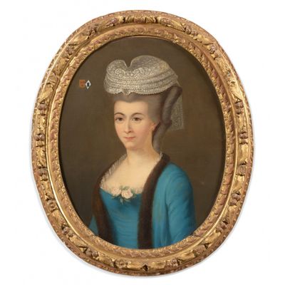 portrait d'une dame en robe bleue et chapeau