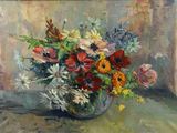 a painting of a vase of flowers on a table
