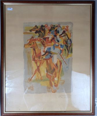 painting of a group of people riding on horses in a room
