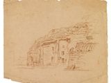 an old drawing of a building with a door and a window