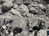 a black and white photo of a group of people sitting on the rocks