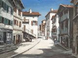 a painting of a street with buildings and people walking