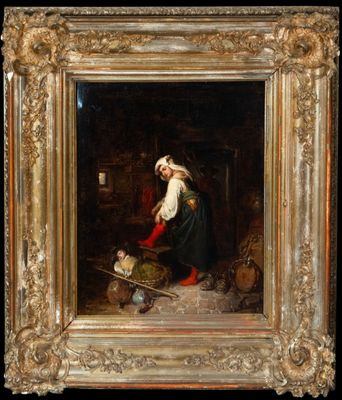 an oil painting of a woman in a kitchen with a cat