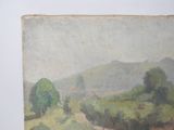 an oil painting of a landscape with trees and hills in the background
