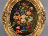 painting of flowers in a blue vase on a gold stand