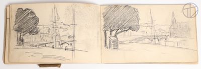 sketches of trees in a sketch book on a white surface
