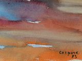 a watercolor painting of a beach scene with a boat in the water