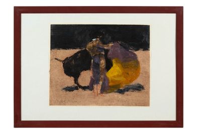 tableau représentant un taureau et une femme dans un champ, avec un ballon jaune
