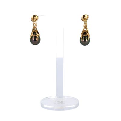 a close up of a pair of earrings on a stand