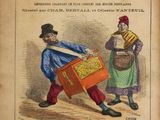 un vieux livre sur lequel figure l'image d'un homme portant une valise et d'un autre homme portant une valise