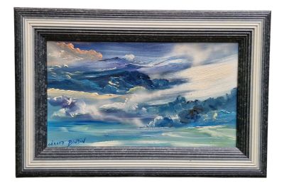 une peinture représentant un ciel bleu avec des nuages et une montagne en arrière-plan