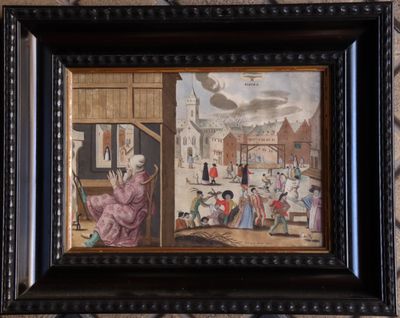framed picture of a painting of a woman in a pink dress and a man in a pink robe