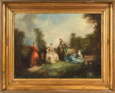une image d'un tableau représentant un groupe de personnes dans un parc