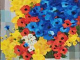 an oil painting of a vase filled with colorful flowers on top of a table