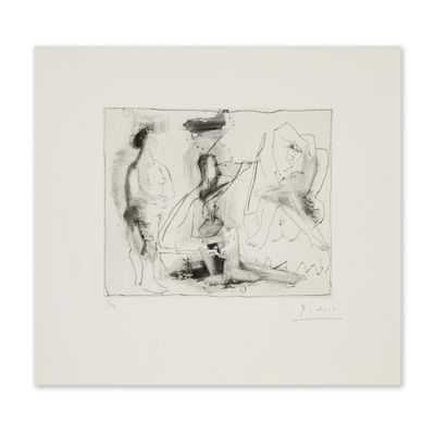 a drawing of three people standing in front of a white background
