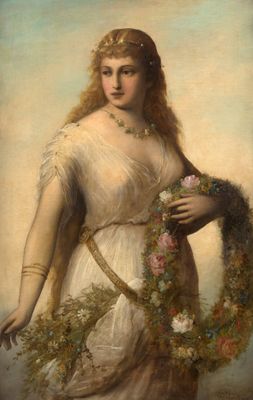 un tableau représentant une femme en robe blanche tenant une couronne de fleurs