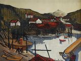 a painting of boats in a harbor with a mountain in the background