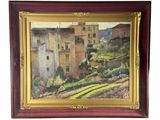 une image représentant un tableau d'un village, dans un cadre en bois