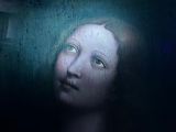 painting of a woman ' s face in a dark room with stained glass windows