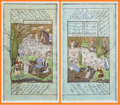 two pages of a book with a picture of a man and a woman in a garden