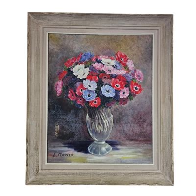 une peinture à l'huile représentant un vase de fleurs sur une table