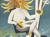 poster of a man riding a ski lift with a sun on his head
