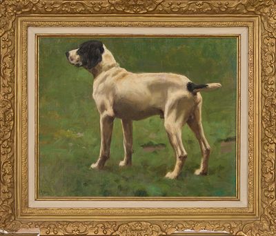 an oil painting of a dog standing in a field of grass