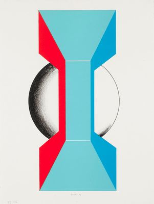 une photo d'une affiche bleue et rouge sur un mur blanc