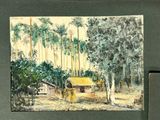 a picture of a painting of a house in the woods
