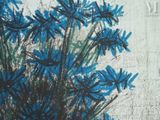 a painting of blue flowers in a vase on a table