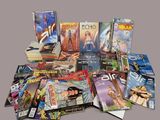a lot of comic books sitting on a table