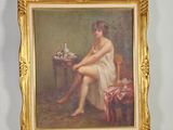 tableau représentant une femme en robe blanche assise à une table