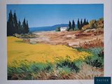 a picture of a painting of a field with trees in the background