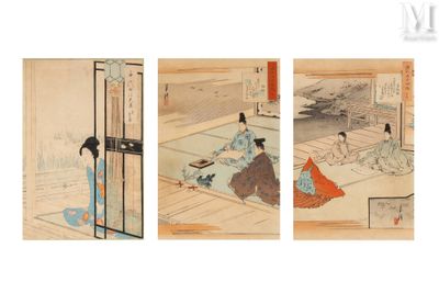 trois photos d'une femme en kimono assise par terre